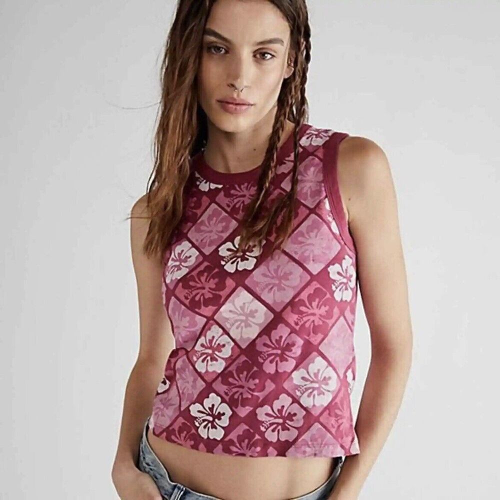 Daydreamer Size XS Hibiscus Shrunken Tank Top In Jam Pink - New